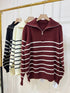 Heavy Knitted Collar Zip Stripes Pullover